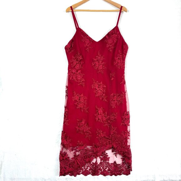 Guess Embroidered Floral Layered Lace Asymmetrical Mini Slip Dress Womens 8 Red - Picture 1 of 11